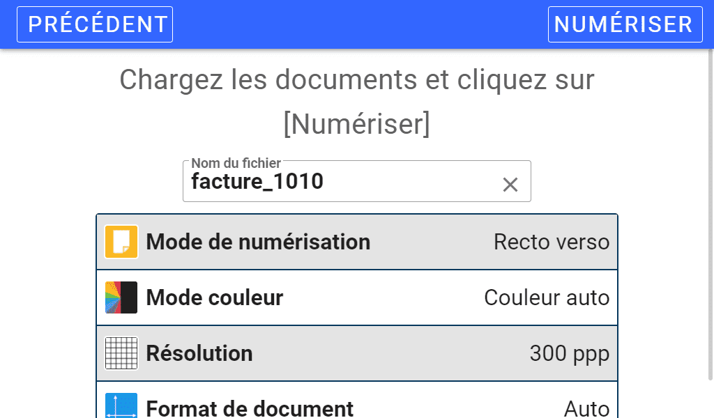 Application Open Bee Connect - Ecran Numérisation Ecran de configuration Open Bee upload et numérisation de documents