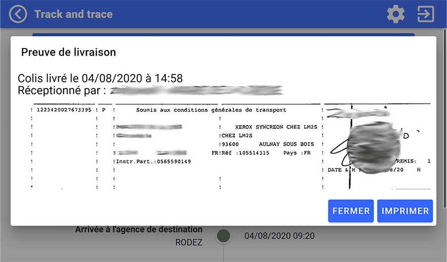 Application Track & Trace - Ecran Peuvre de livraison Ecran de configuration Track & Trace Preuve de livraison